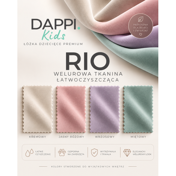 Tapicerowane łóżko dziecięce UNICORN DAPPI Kids z zagłówkiem w kształcie jednorożca i pojemnikiem na pościel.