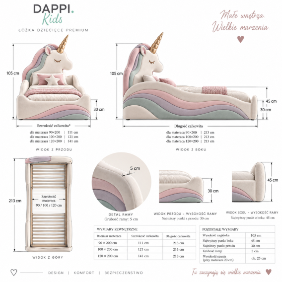 Tapicerowane łóżko dziecięce UNICORN DAPPI Kids z zagłówkiem w kształcie jednorożca i pojemnikiem na pościel.