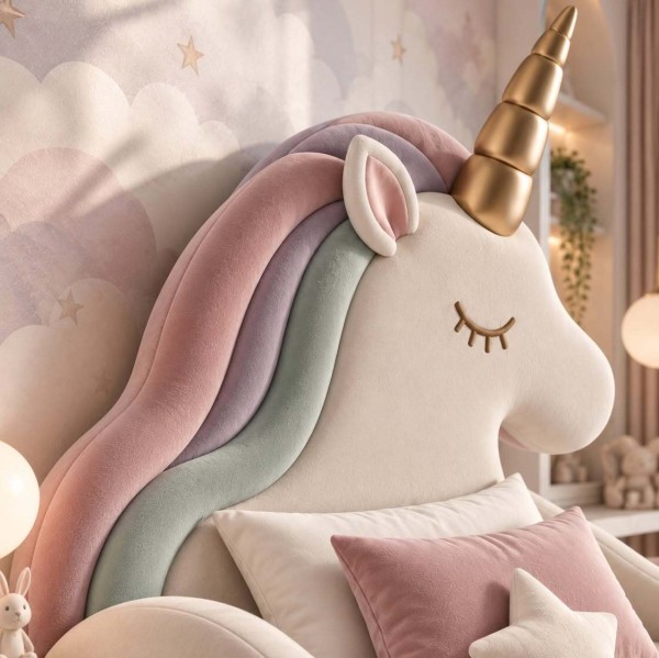 Tapicerowane łóżko dziecięce UNICORN DAPPI Kids z zagłówkiem w kształcie jednorożca i pojemnikiem na pościel.