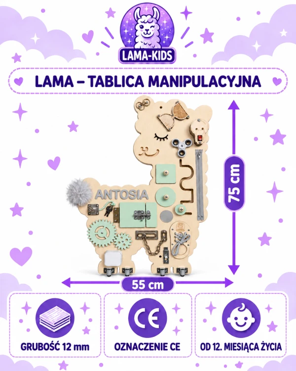 tablica manipulacyjna lama dla dzieci miętowa