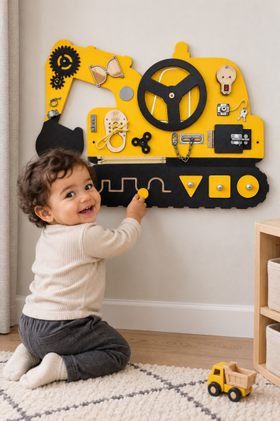 Tablica manipulacyjna KOPARKA sensoryczna Montessori dla dzieci z elementami edukacyjnymi