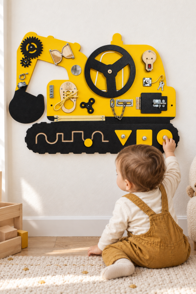 Tablica manipulacyjna KOPARKA sensoryczna Montessori dla dzieci z elementami edukacyjnymi