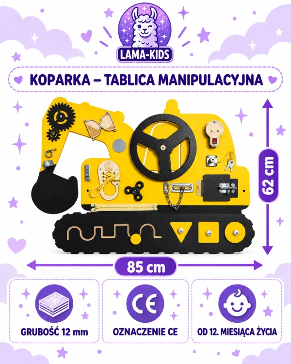 Tablica manipulacyjna KOPARKA sensoryczna Montessori dla dzieci z elementami edukacyjnymi