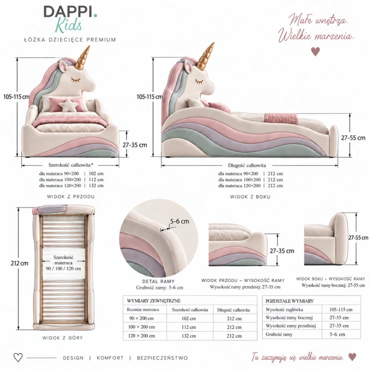 Tapicerowane łóżko dziecięce UNICORN DAPPI Kids z zagłówkiem w kształcie jednorożca i pojemnikiem na pościel.