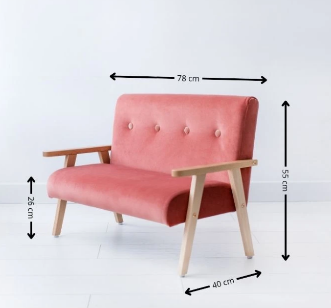 Sofa dla dzieci welwet koralowy MODELINA WYMIARY