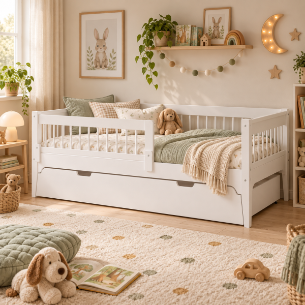 Białe łóżko pojedyncze Carmela Daybed 90x200 cm z ozdobnymi szczebelkam
