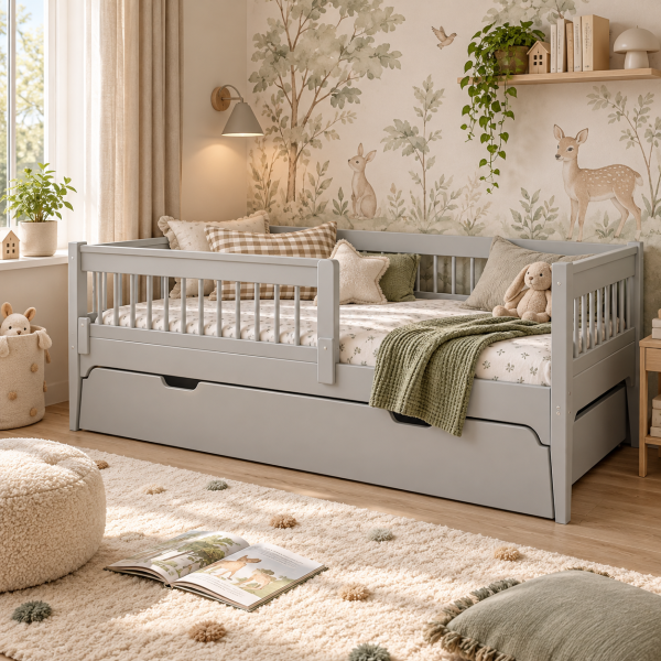 Szare łóżko pojedyncze Carmela Daybed 90x200 cm z ozdobnymi szczebelkami