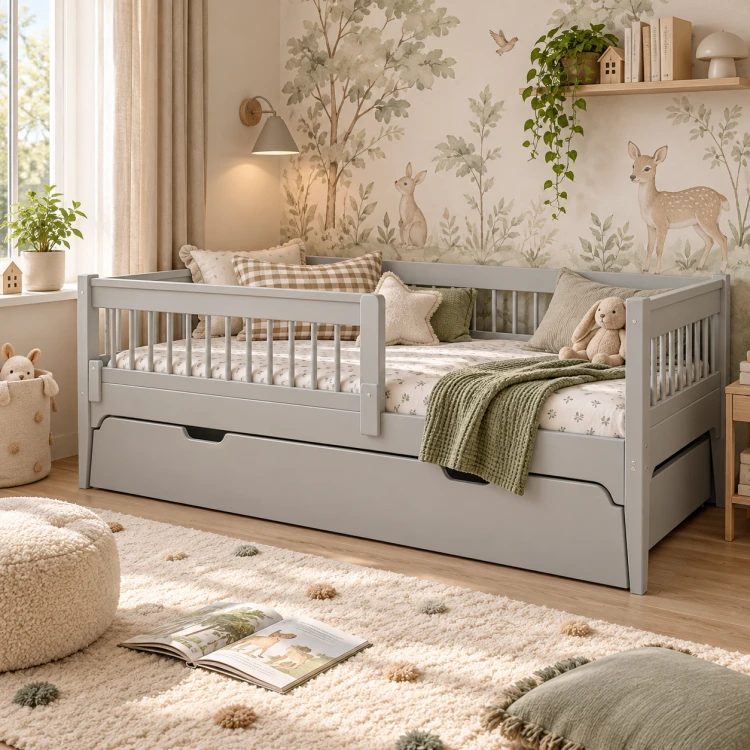 Szare łóżko pojedyncze Carmela Daybed 90x200 cm z ozdobnymi szczebelkami