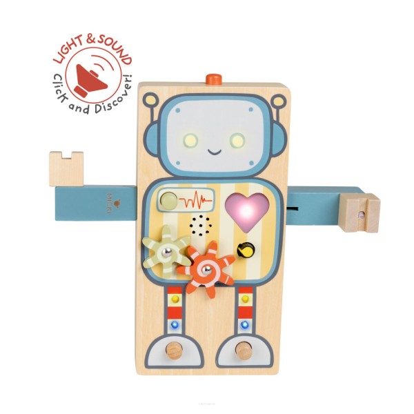 Drewniany robot interaktywny Gigglebot Micki z przyciskami światłem i dźwiękiem