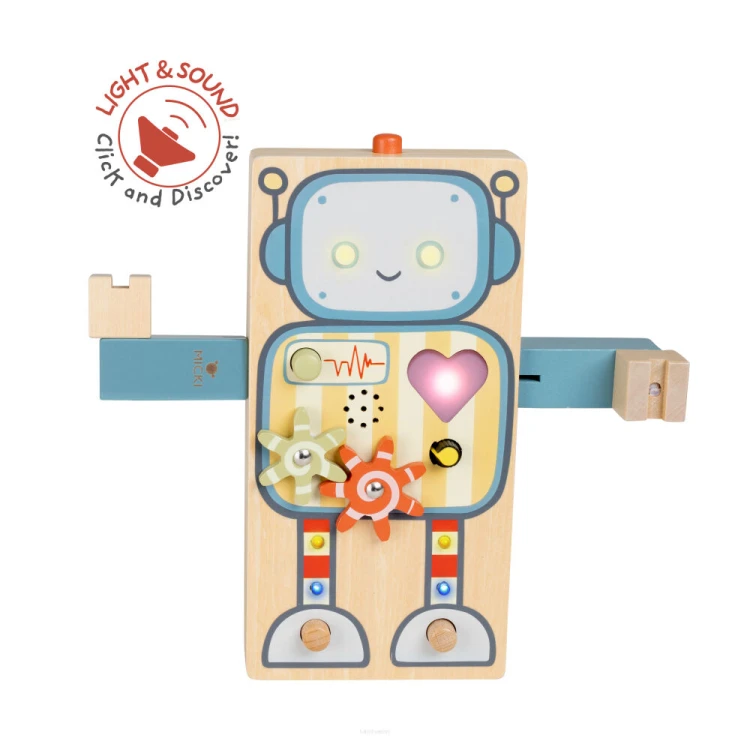 Drewniany robot interaktywny Gigglebot Micki z przyciskami światłem i dźwiękiem