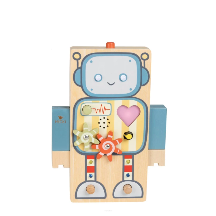 Drewniany robot interaktywny Gigglebot Micki z przyciskami światłem i dźwiękiem