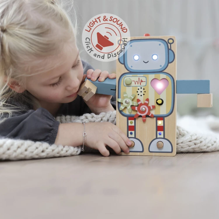 Drewniany robot interaktywny Gigglebot Micki z przyciskami światłem i dźwiękiem