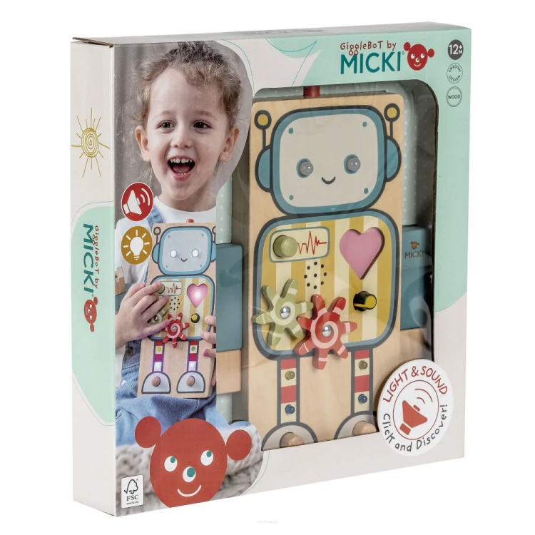 Drewniany robot interaktywny Gigglebot Micki z przyciskami światłem i dźwiękiem