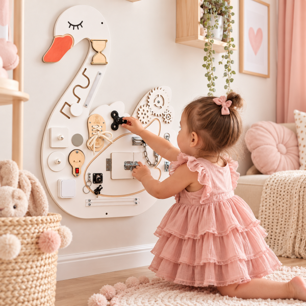 Tablica manipulacyjna Łabędź 90 cm dla dziewczynki 12m+ Montessori