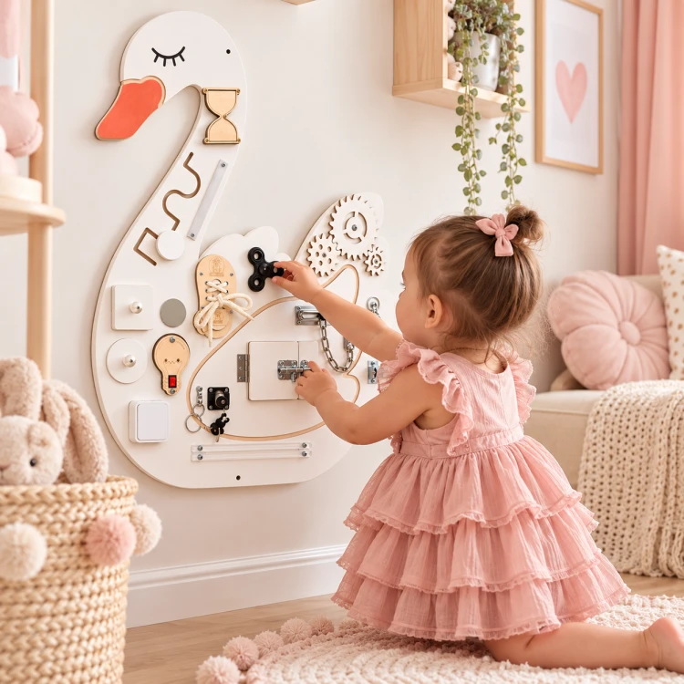 Tablica manipulacyjna Łabędź 90 cm dla dziewczynki 12m+ Montessori