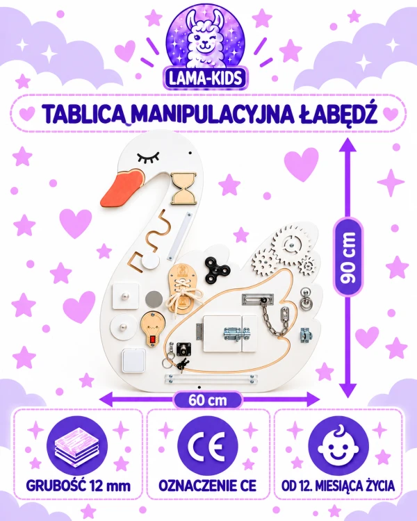 Tablica manipulacyjna Łabędź 90 cm dla dziewczynki 12m+ Montessori