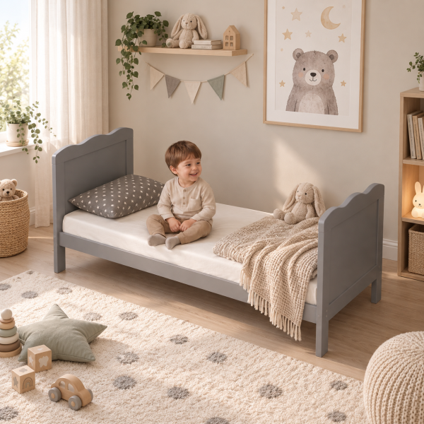 Szare łóżeczko niemowlęce Bella 140×70 3w1 z regulacją stelaża i funkcją tapczanika