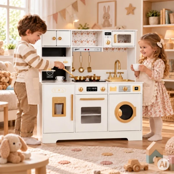 Duża drewniana kuchnia dla dzieci ECOTOYS z pralką ekspresem kostkarką i akcesoriami