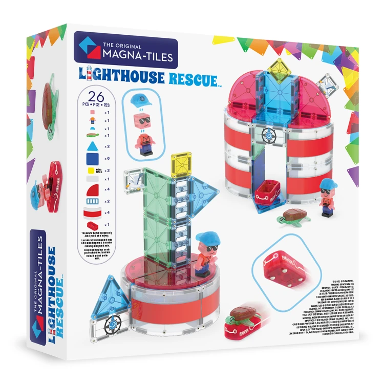 MAGNA-TILES Lighthouse Rescue 26 el. klocki magnetyczne Latarnia Morska z tratwą i żółwiem morskim