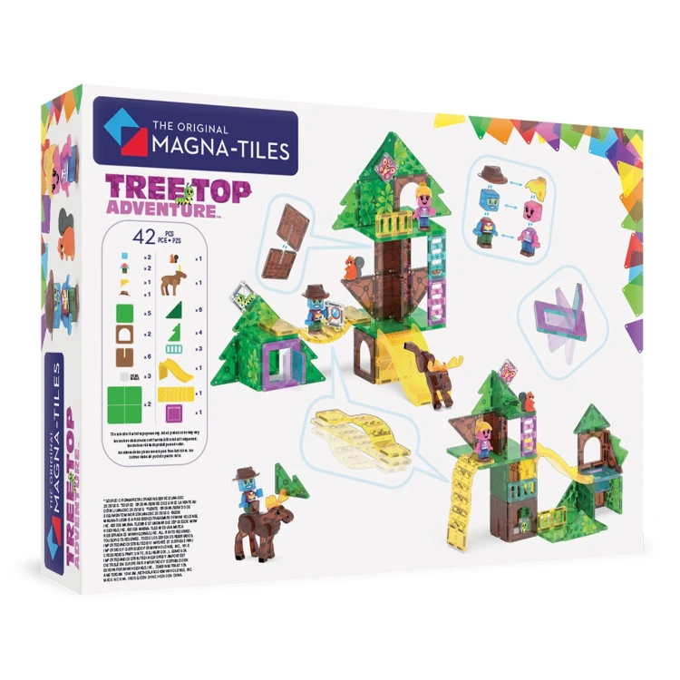 MAGNA-TILES Tree Top Adventure 42 el. klocki magnetyczne domek na drzewie z figurkami i leśnymi zwierzętami