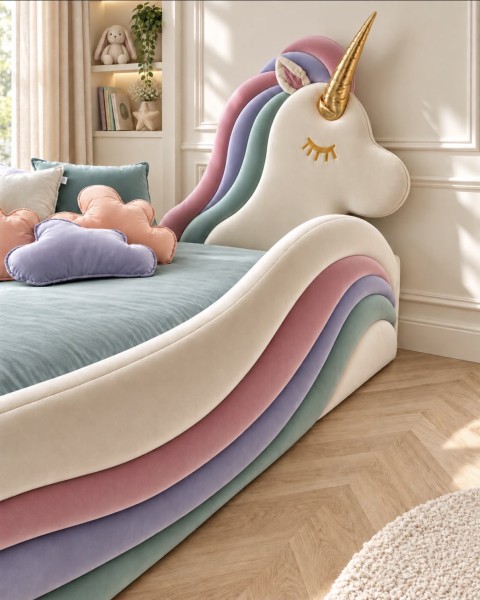 Tapicerowane łóżko dziecięce UNICORN DAPPI Kids z zagłówkiem w kształcie jednorożca i pojemnikiem na pościel.