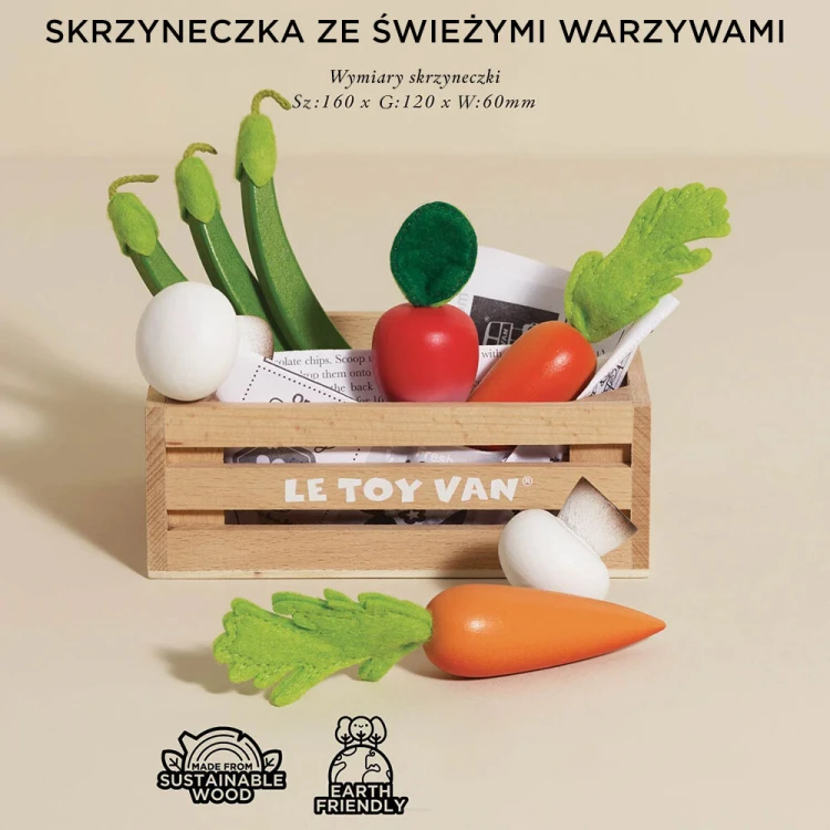 Drewniane warzywa w skrzynce – zestaw edukacyjny Le Toy Van do zabawy w sklep i gotowanie