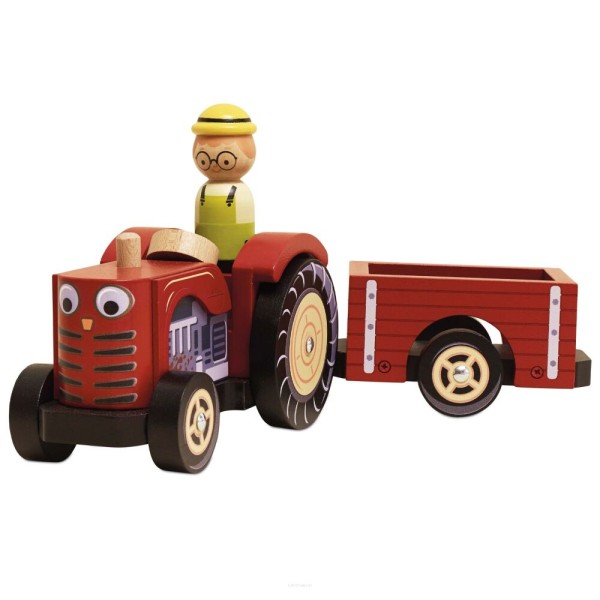 Drewniany traktor Bertie Le Toy Van z czerwoną przyczepką magnetyczną dla dzieci 2+