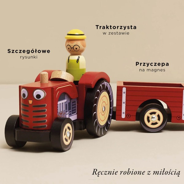 Drewniany traktor Bertie Le Toy Van z czerwoną przyczepką magnetyczną dla dzieci 2+
