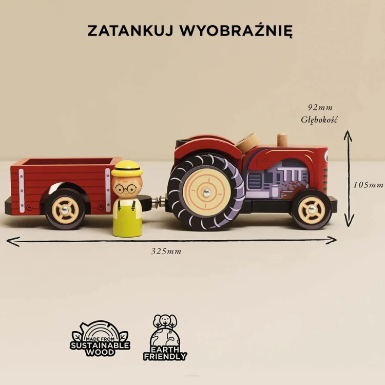 Drewniany traktor Bertie Le Toy Van z czerwoną przyczepką magnetyczną dla dzieci 2+
