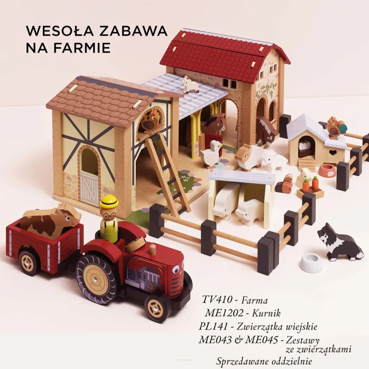 Drewniany traktor Bertie Le Toy Van z czerwoną przyczepką magnetyczną dla dzieci 2+
