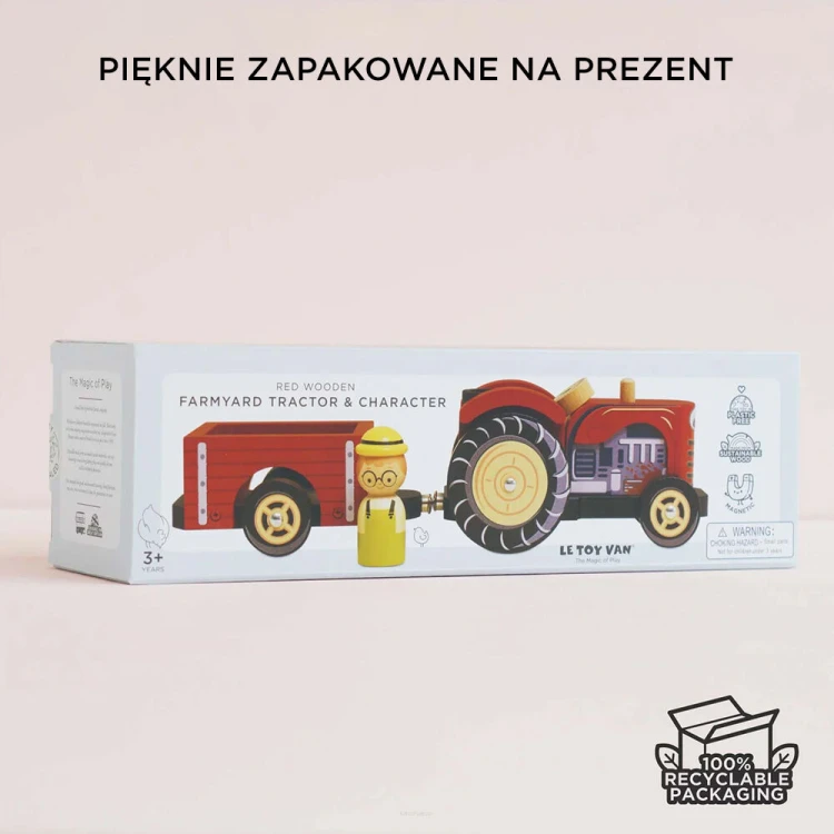 Drewniany traktor Bertie Le Toy Van z czerwoną przyczepką magnetyczną dla dzieci 2+
