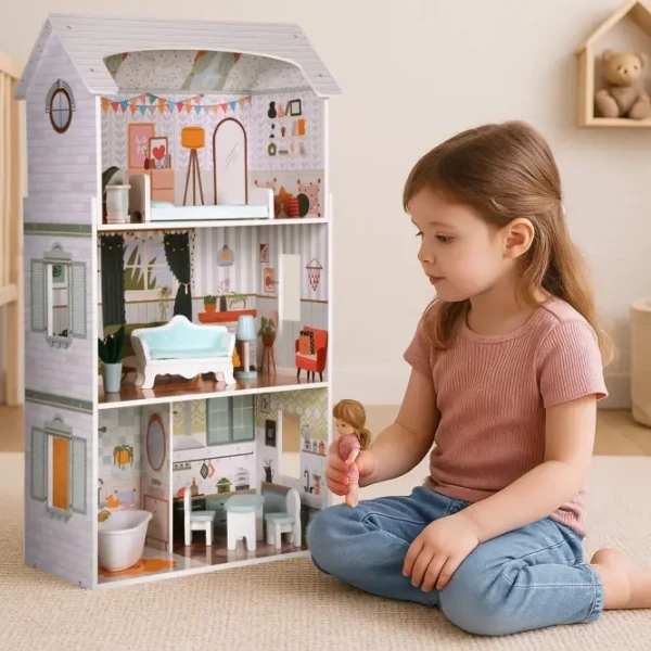 Domek dla lalek Alice 3 piętra 4 pomieszczenia komplet 9 mebelków