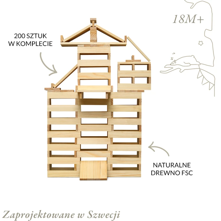 Drewniane klocki konstrukcyjne Micki 200 el. z naturalnego drewna do kreatywnego budowania