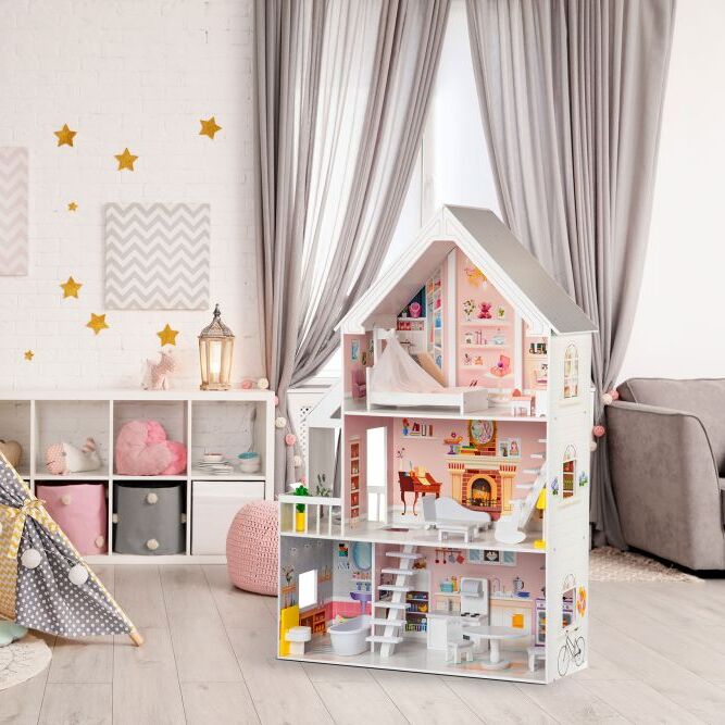 Drewniany domek dla lalek Rezydencja Pudrowa 126 cm z 3 piętrami i 15 mebelkami