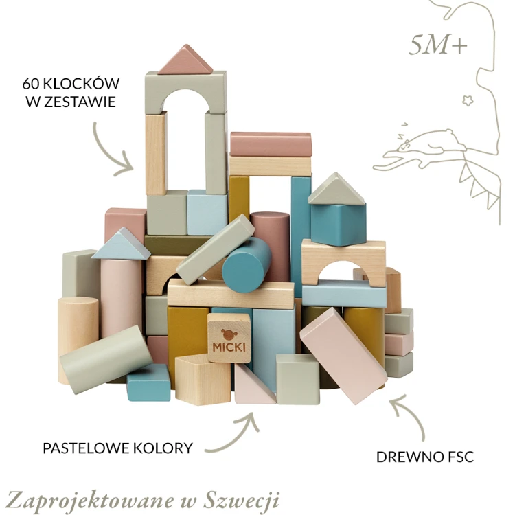 Pastelowe drewniane klocki Micki 60 el. w różnych kształtach z certyfikatem FSC®