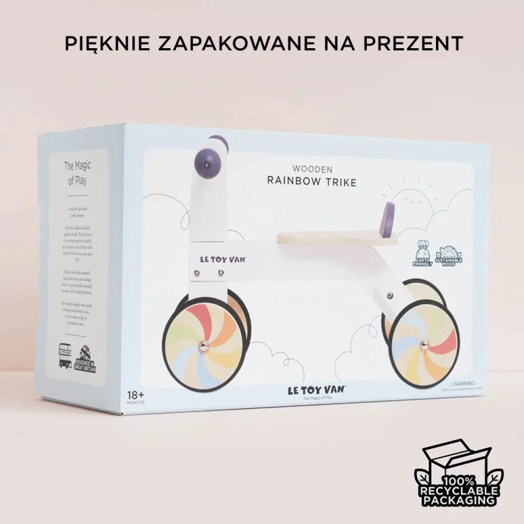 Drewniany jeździk Le Toy Van z tęczowymi kołami dla dzieci od 18 miesiąca życia