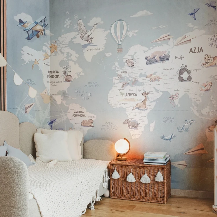 WANDERLUST – BLUE - tapeta mapa świata z samolotami i balonami
