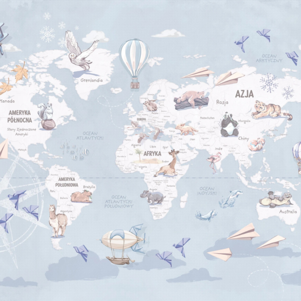 WANDERLUST – BLUE - tapeta mapa świata z samolotami i balonami