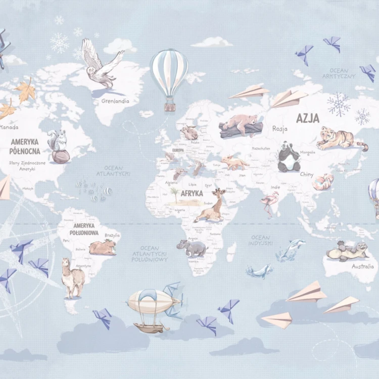 WANDERLUST – BLUE - tapeta mapa świata z samolotami i balonami
