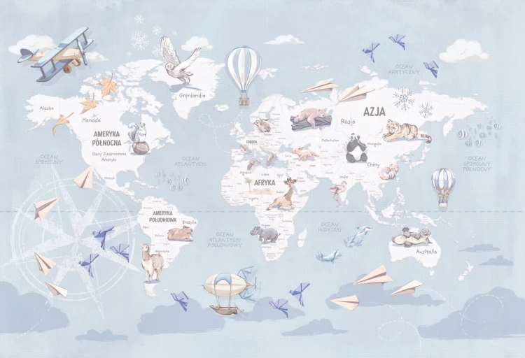 WANDERLUST – BLUE - tapeta mapa świata z samolotami i balonami