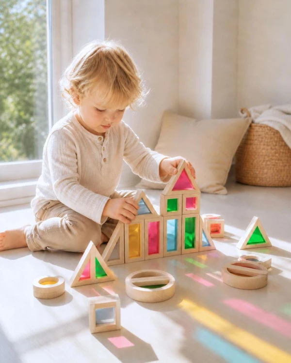 Sense2Play Lumi’Sky drewniane klocki sensoryczne 24 el. z kolorowymi transparentnymi okienkami