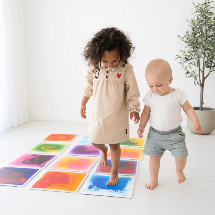 Sense2Play zestaw 4 płytek sensorycznych 30 × 30 cm z kolorowym płynem reagującym na nacisk