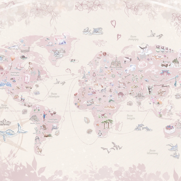 DEAR DIARY NORTH - baby pink - pastelowa tapeta ścienna z mapą świata dla dzieci