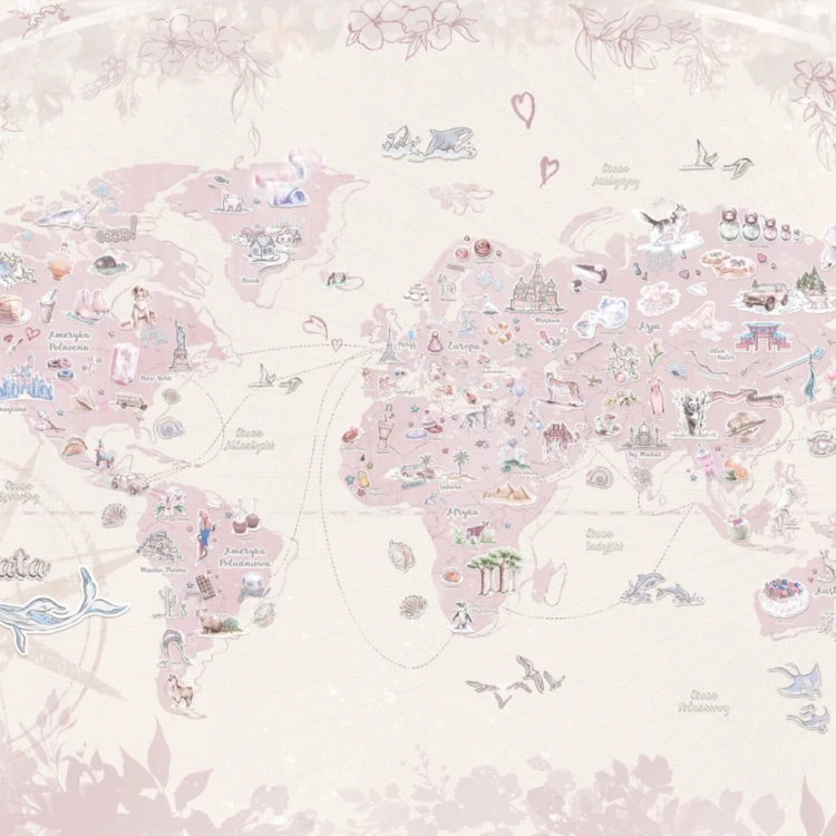 DEAR DIARY NORTH - baby pink - pastelowa tapeta ścienna z mapą świata dla dzieci