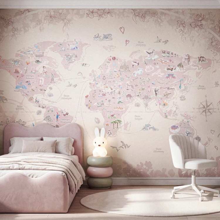 DEAR DIARY NORTH - baby pink - pastelowa tapeta ścienna z mapą świata dla dzieci