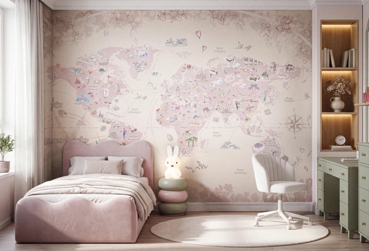 DEAR DIARY NORTH - baby pink - pastelowa tapeta ścienna z mapą świata dla dzieci