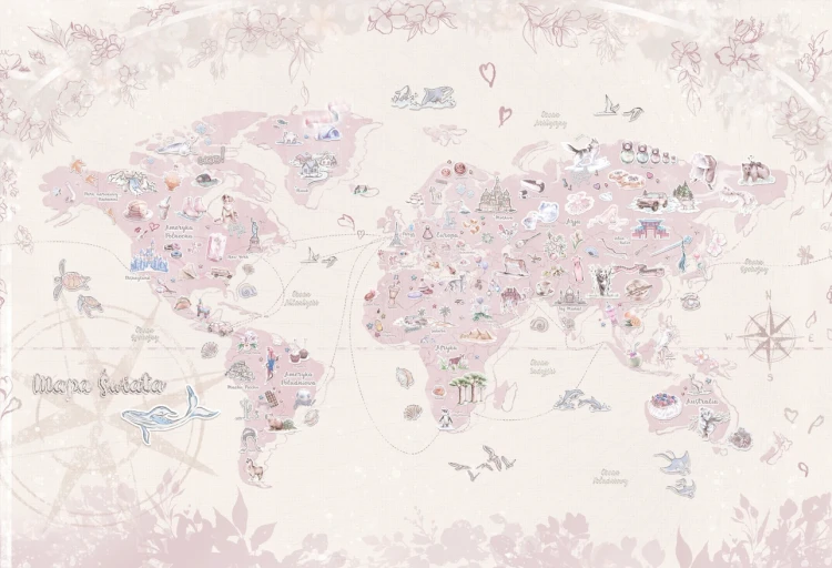DEAR DIARY NORTH - baby pink - pastelowa tapeta ścienna z mapą świata dla dzieci
