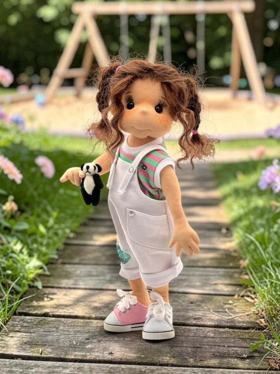 Lalka Lullu Dolls 38 cm z dużymi oczami, owalną twarzą, naturalnymi włosami alpaki i pluszową Pandą – wersja F.A.B.