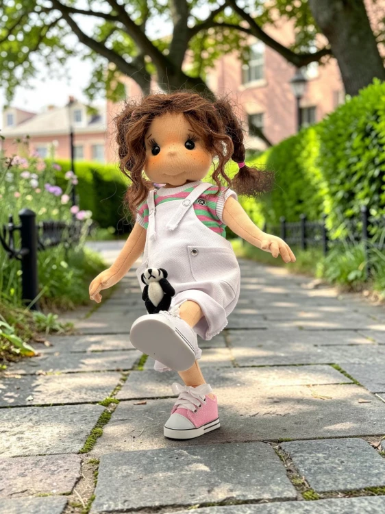 Lalka Lullu Dolls 38 cm z dużymi oczami, owalną twarzą, naturalnymi włosami alpaki i pluszową Pandą – wersja F.A.B.