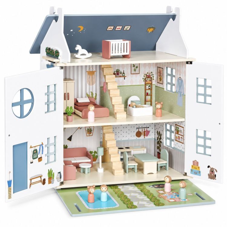 Domek dla lalek LILY ECOTOYS trzypiętrowy z mebelkami figurkami rodziny i ogrodem z basenem